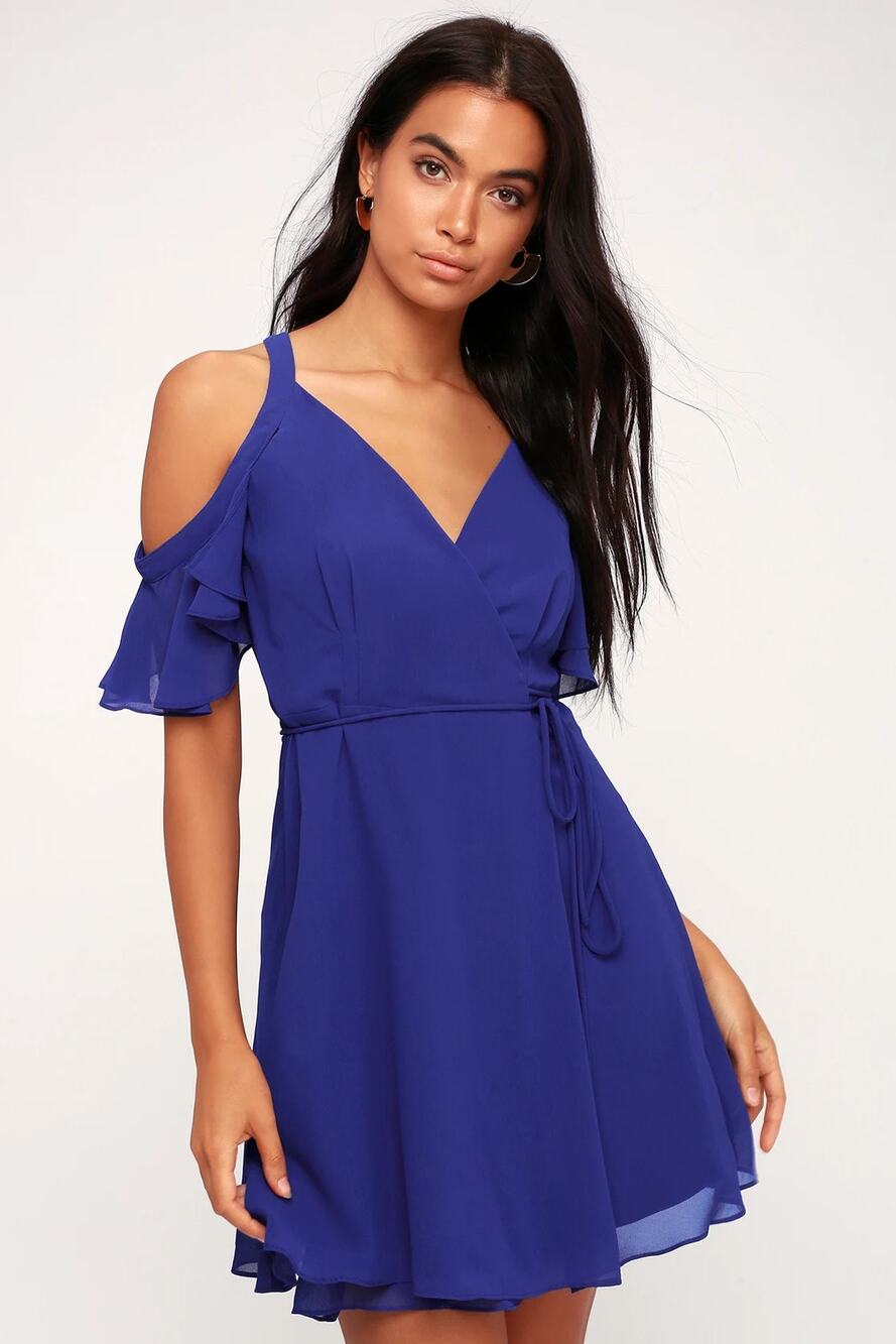Lulus Bombshell Royal Blue Off-the-Shoulder Wrap Dress